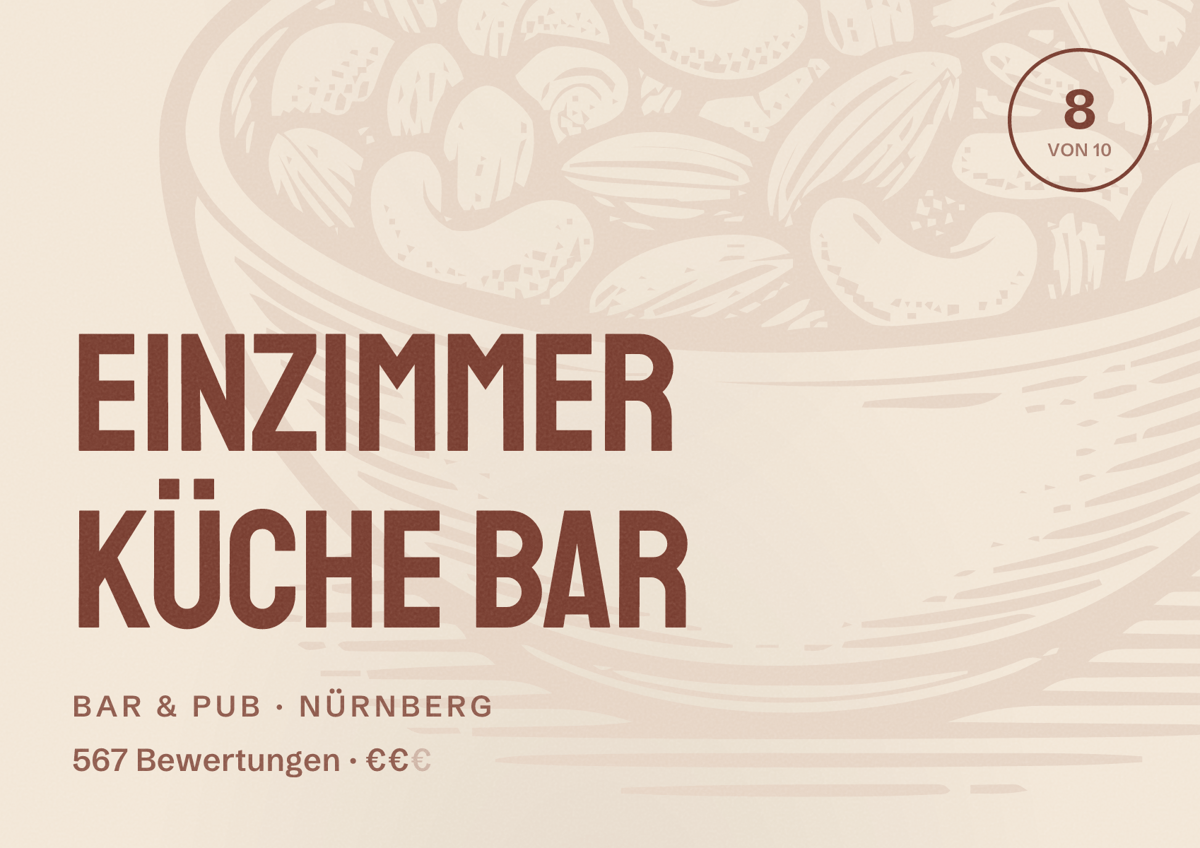 Illustriertes Poster von Einzimmer Küche Bar, Bar & Pub in Nürnberg: Bewertung 8 von 10 aus 567 Bewertungen, Preisniveau €€