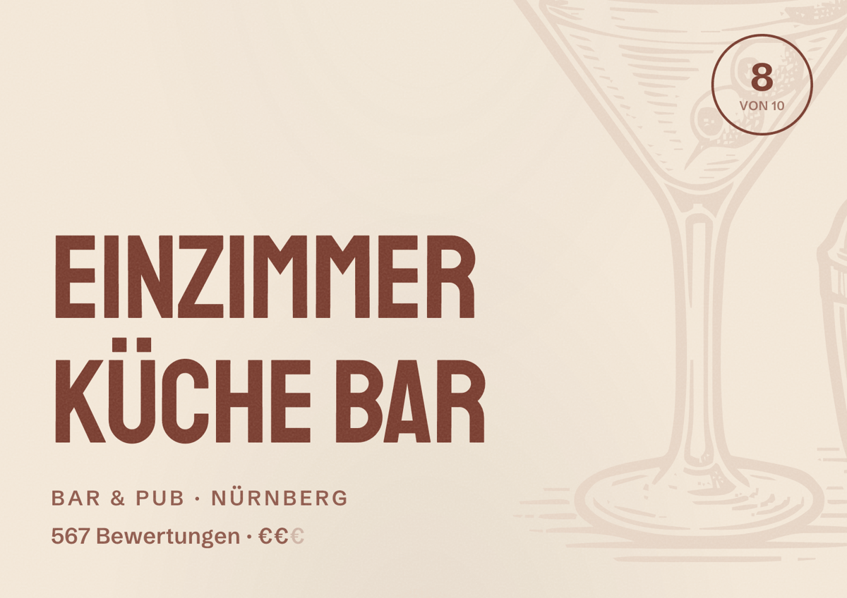 Illustriertes Poster von Einzimmer Küche Bar, Bar & Pub in Nürnberg: Bewertung 8,0 von 10 aus 567 Bewertungen, Preisniveau €€