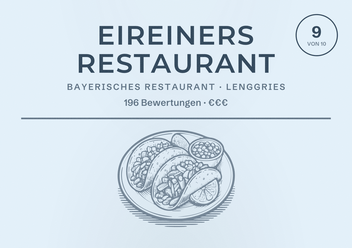 Illustriertes Poster von Eireiners Restaurant, Bayerisches Restaurant in Lenggries: Bewertung 9 von 10 aus 196 Bewertungen, Preisniveau €€€