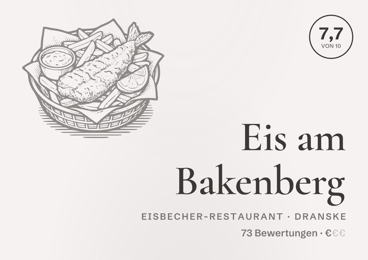 Illustriertes Poster von Eis am Bakenberg, Eisbecher-Restaurant in Dranske: Bewertung 7,7 von 10 aus 73 Bewertungen, Preisniveau €
