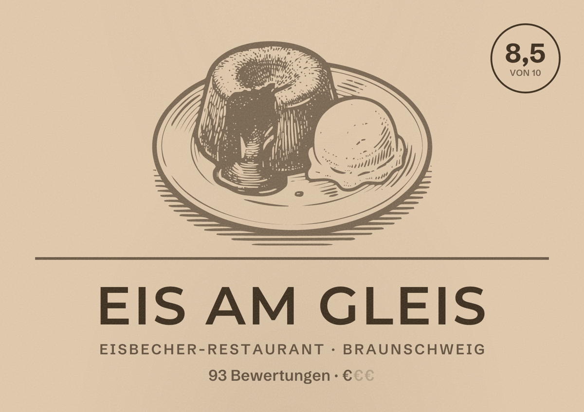 Illustriertes Poster von Eis am Gleis, Eisbecher-Restaurant in Braunschweig: Bewertung 8,5 von 10 aus 93 Bewertungen, Preisniveau €