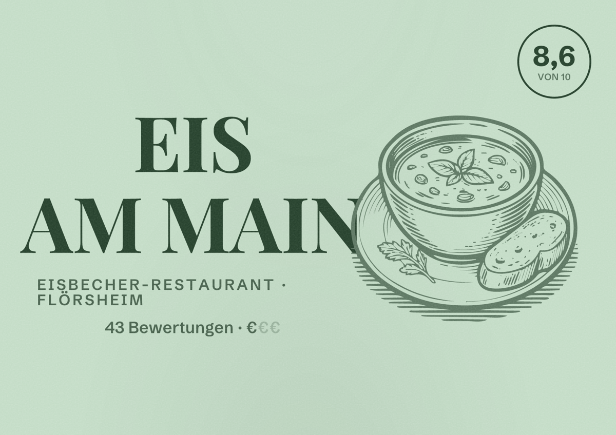 Illustriertes Poster von EIS AM MAIN, Eisbecher-Restaurant in Flörsheim: Bewertung 8,6 von 10 aus 43 Bewertungen, Preisniveau €