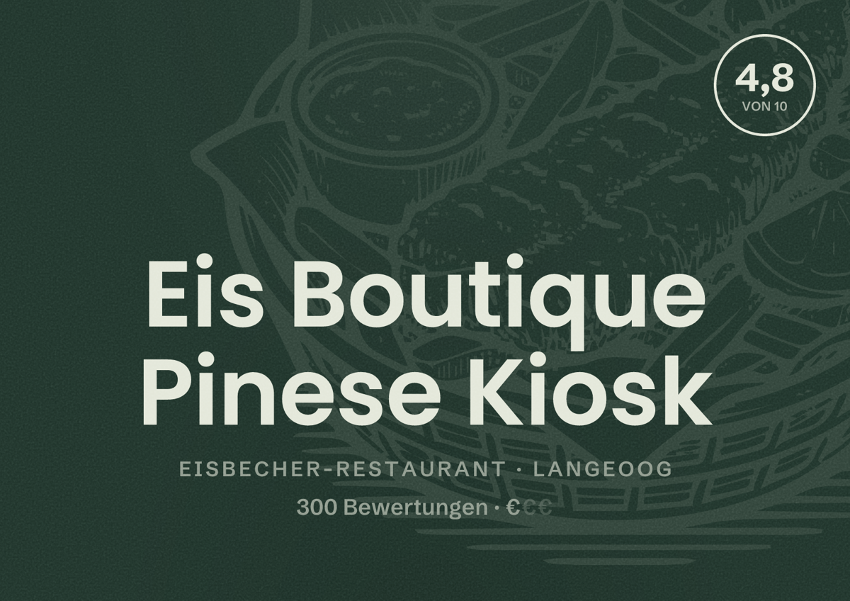 Illustriertes Poster von Eis Boutique Pinese Kiosk, Eisbecher-Restaurant in Langeoog: Bewertung 4,8 von 10 aus 300 Bewertungen, Preisniveau €