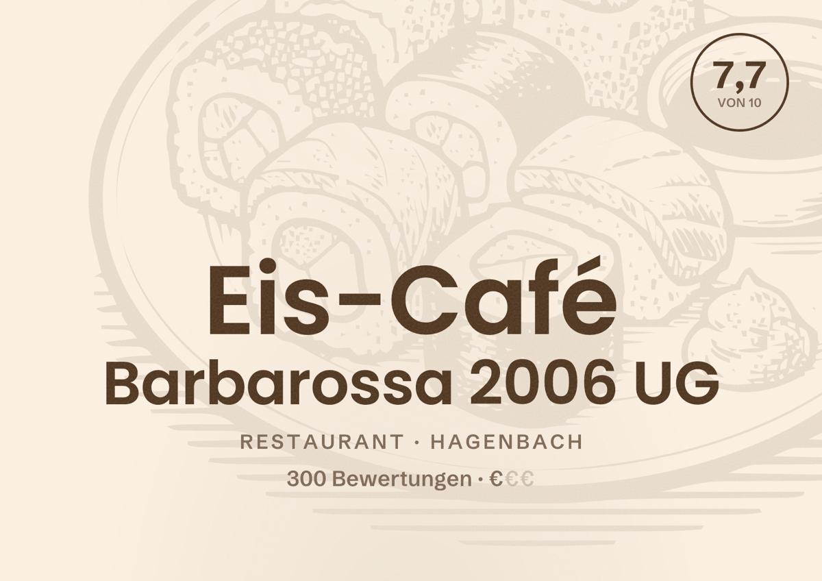 Illustriertes Poster von Eis-Café Barbarossa 2006 UG, Restaurant in Hagenbach: Bewertung 7,7 von 10 aus 300 Bewertungen, Preisniveau €