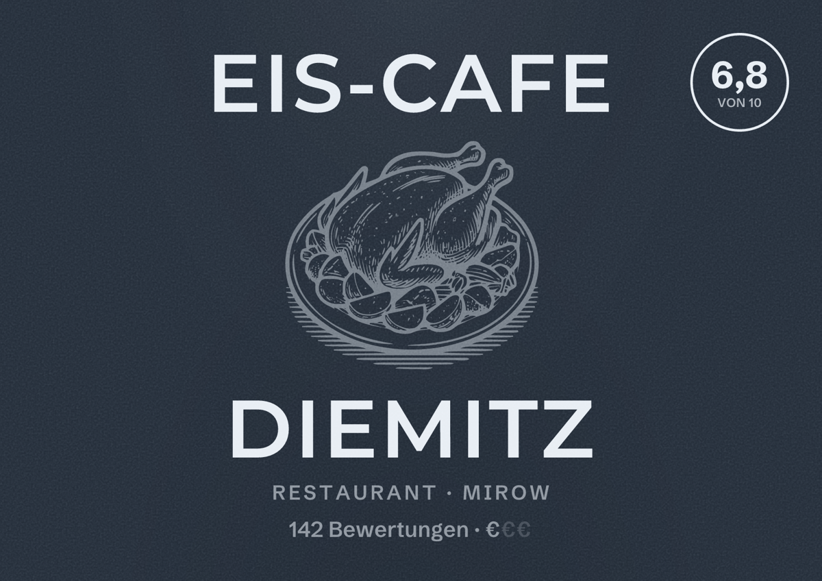 Illustriertes Poster von Eis-Cafe Diemitz, Restaurant in Mirow: Bewertung 6,8 von 10 aus 142 Bewertungen, Preisniveau €