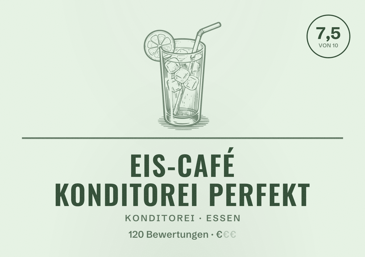 Illustriertes Poster von Eis-Café Konditorei Perfekt, Konditorei in Essen: Bewertung 7,5 von 10 aus 120 Bewertungen, Preisniveau €