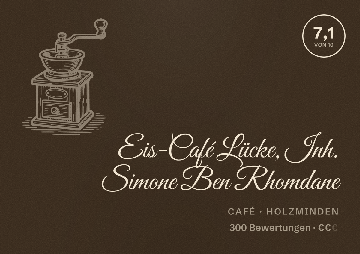 Illustriertes Poster von Eis-Café Lücke, Inh. Simone Ben Rhomdane, Café in Holzminden: Bewertung 7,1 von 10 aus 300 Bewertungen, Preisniveau €€