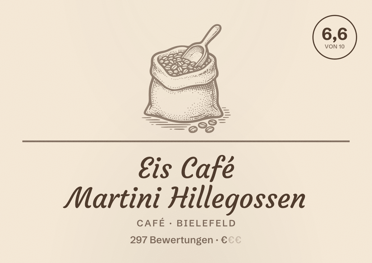 Illustriertes Poster von Eis Café Martini Hillegossen, Café in Bielefeld: Bewertung 6,6 von 10 aus 297 Bewertungen, Preisniveau €