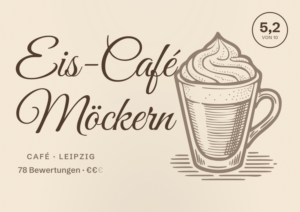 Illustriertes Poster von Eis-Café Möckern, Café in Leipzig: Bewertung 5,2 von 10 aus 78 Bewertungen, Preisniveau €€