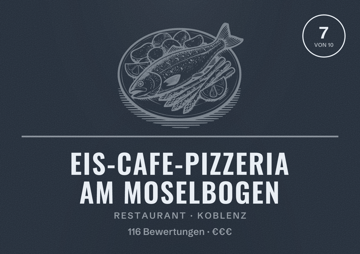 Illustriertes Poster von Eis-Cafe-Pizzeria Am Moselbogen, Restaurant in Koblenz: Bewertung 7 von 10 aus 116 Bewertungen, Preisniveau €€€