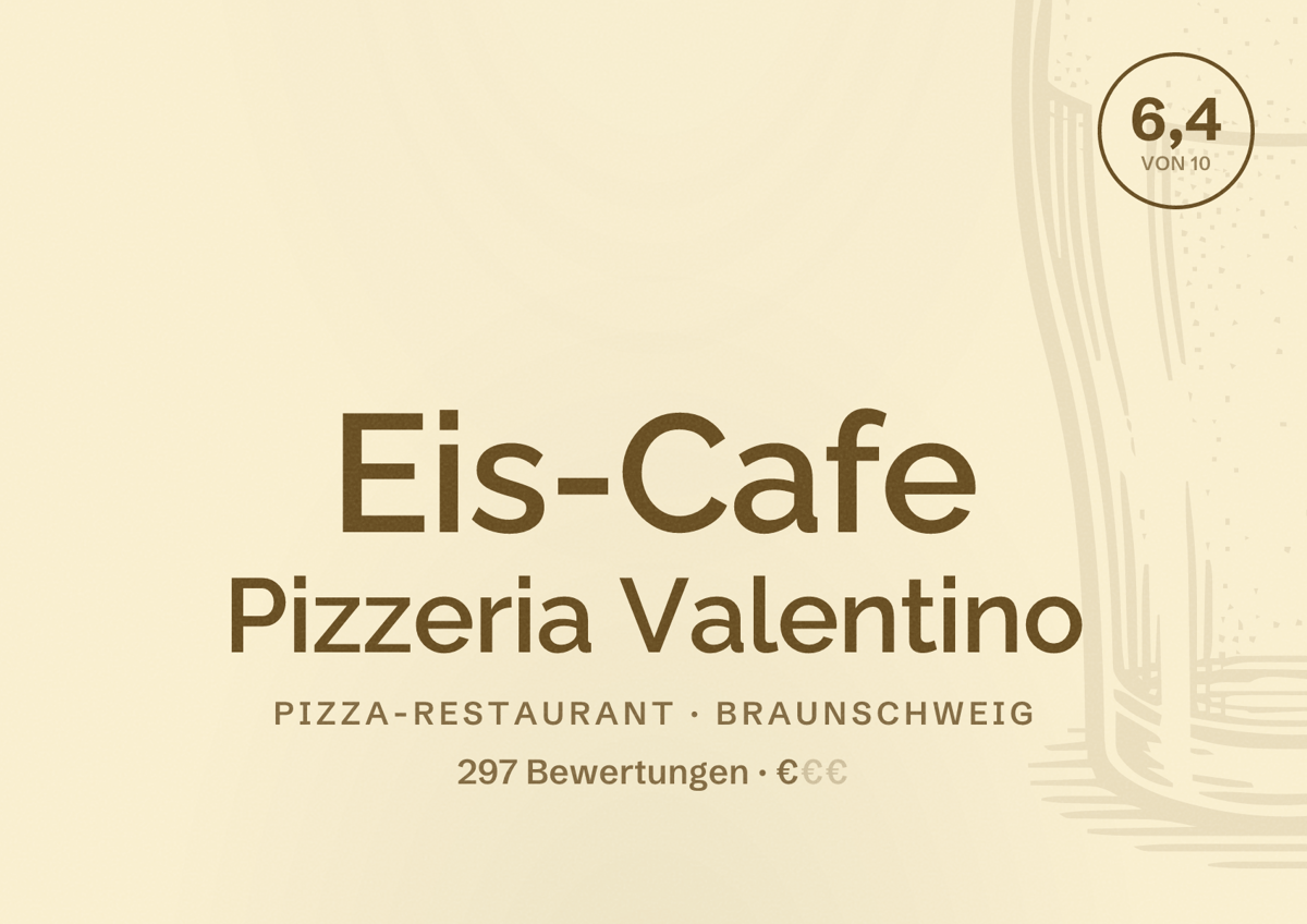 Illustriertes Poster von Eis-Cafe Pizzeria Valentino, Pizza-Restaurant in Braunschweig: Bewertung 6,4 von 10 aus 297 Bewertungen, Preisniveau €