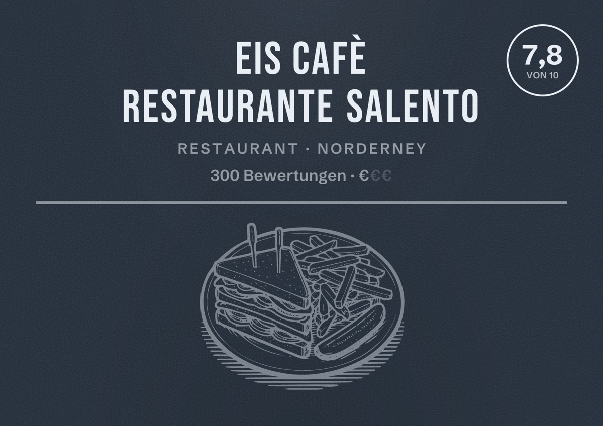 Illustriertes Poster von Eis Cafè Restaurante Salento, Restaurant in Norderney: Bewertung 7,8 von 10 aus 300 Bewertungen, Preisniveau €