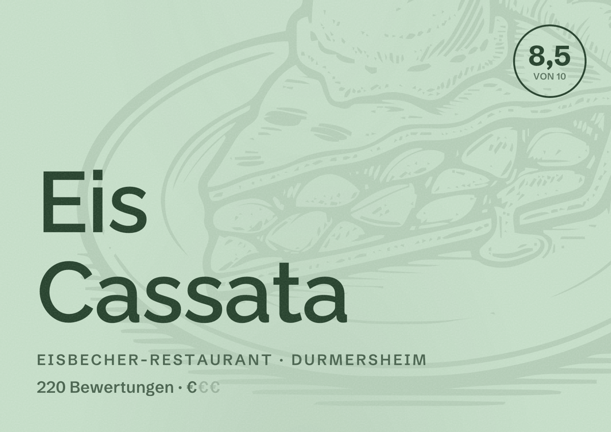 Illustriertes Poster von Eis Cassata, Eisbecher-Restaurant in Durmersheim: Bewertung 8,5 von 10 aus 220 Bewertungen, Preisniveau €