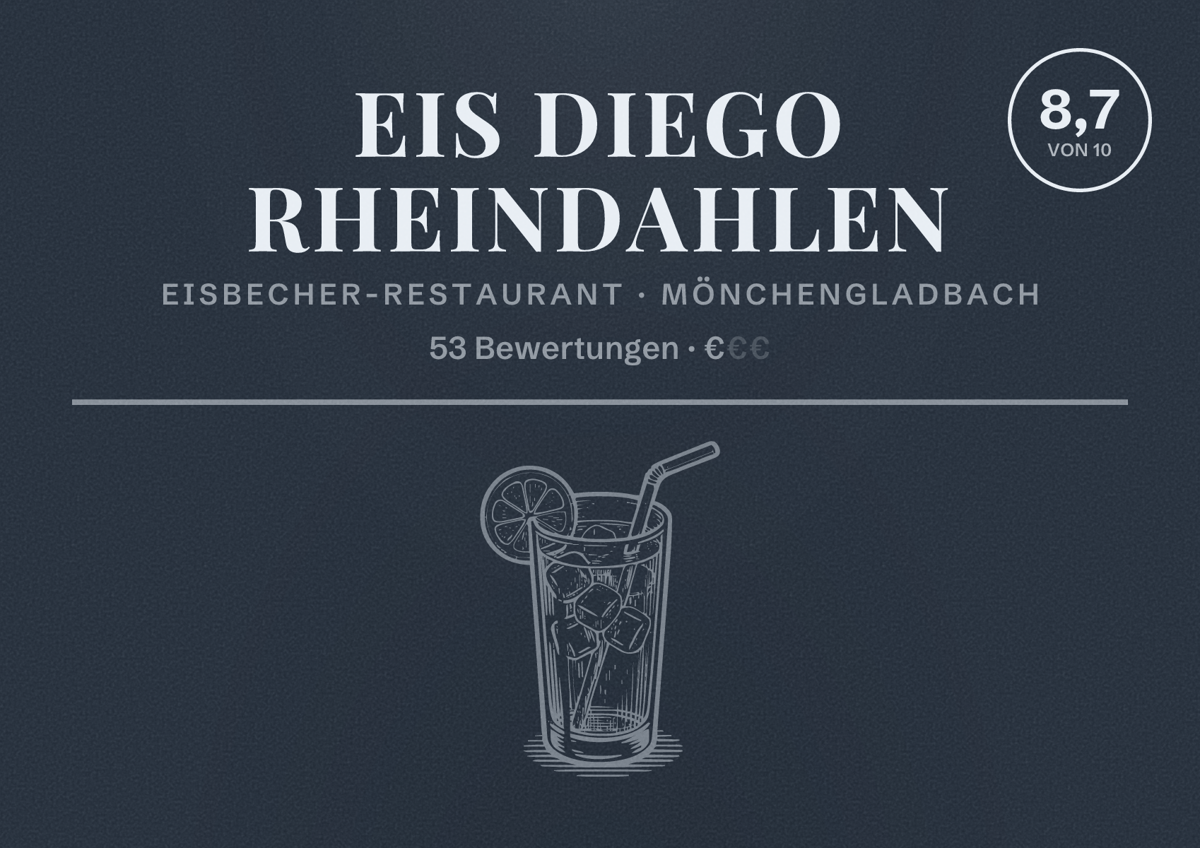 Illustriertes Poster von Eis Diego Rheindahlen, Eisbecher-Restaurant in Mönchengladbach: Bewertung 8,7 von 10 aus 53 Bewertungen, Preisniveau €
