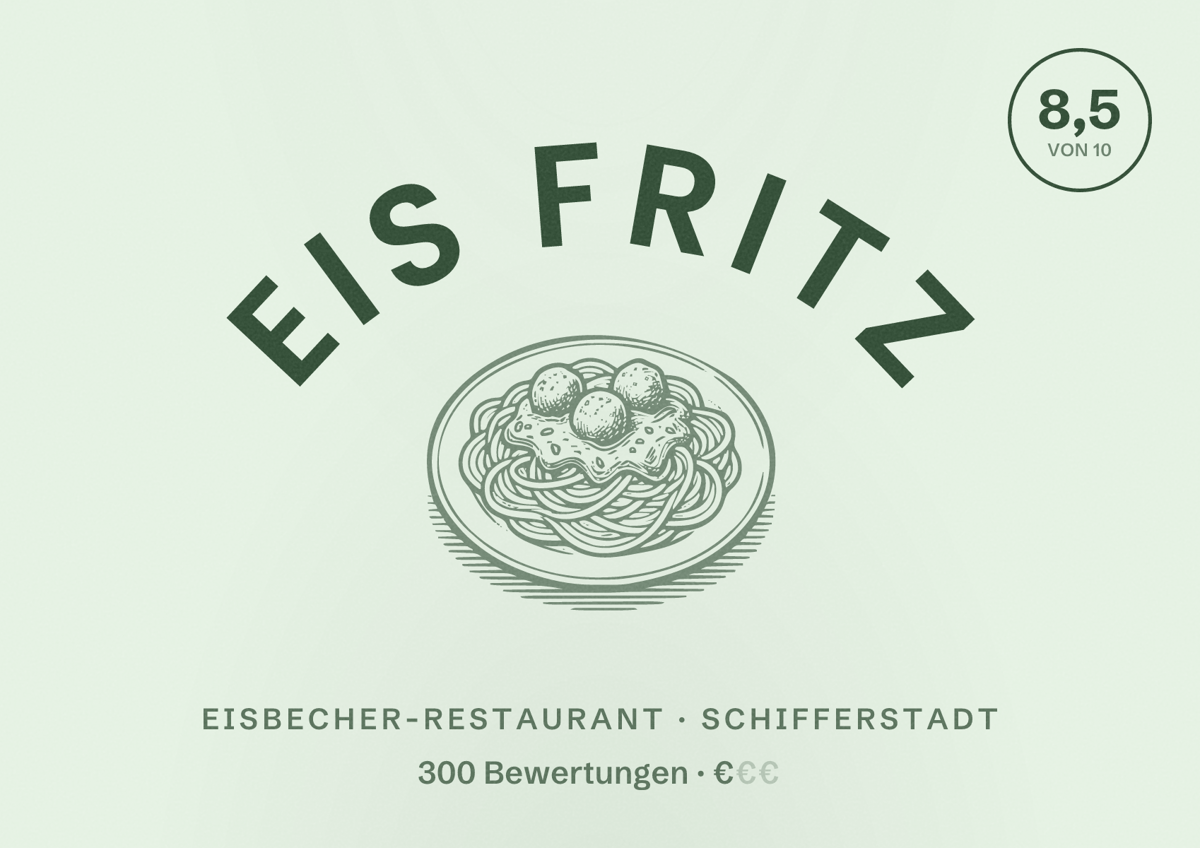 Illustriertes Poster von Eis Fritz, Eisbecher-Restaurant in Schifferstadt: Bewertung 8,5 von 10 aus 300 Bewertungen, Preisniveau €