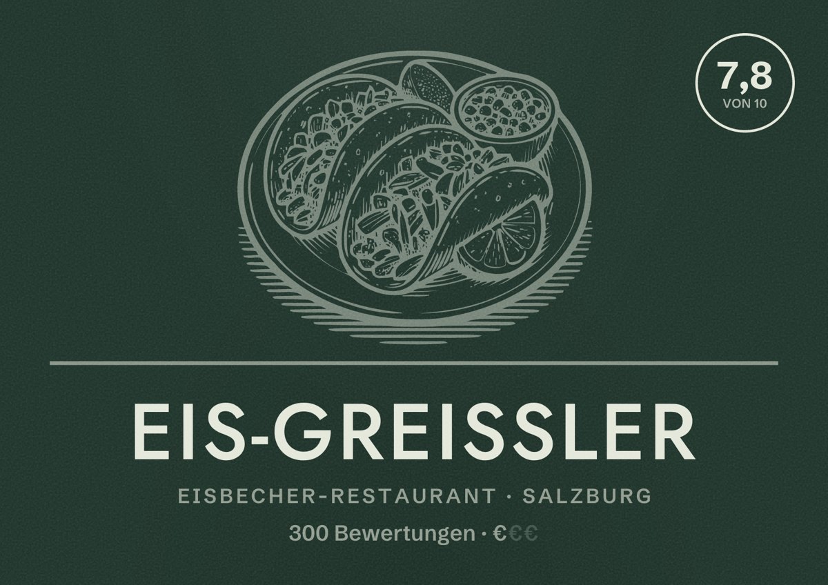 Illustriertes Poster von Eis-Greissler, Eisbecher-Restaurant in Salzburg: Bewertung 7,8 von 10 aus 300 Bewertungen, Preisniveau €