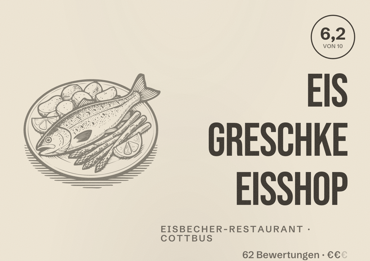 Illustriertes Poster von Eis Greschke Eisshop, Eisbecher-Restaurant in Cottbus: Bewertung 6,2 von 10 aus 62 Bewertungen, Preisniveau €€