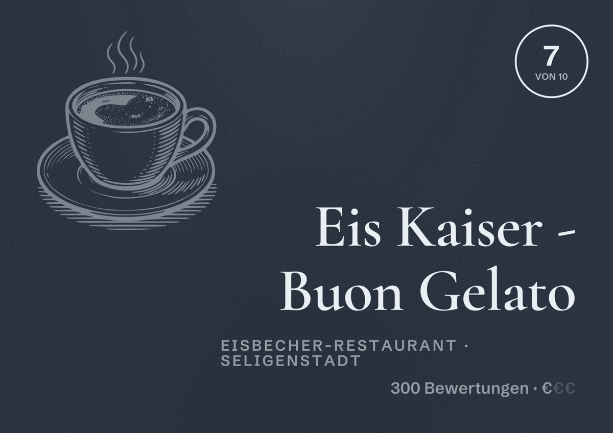 Illustriertes Poster von Eis Kaiser - Buon Gelato, Eisbecher-Restaurant in Seligenstadt: Bewertung 7 von 10 aus 300 Bewertungen, Preisniveau €