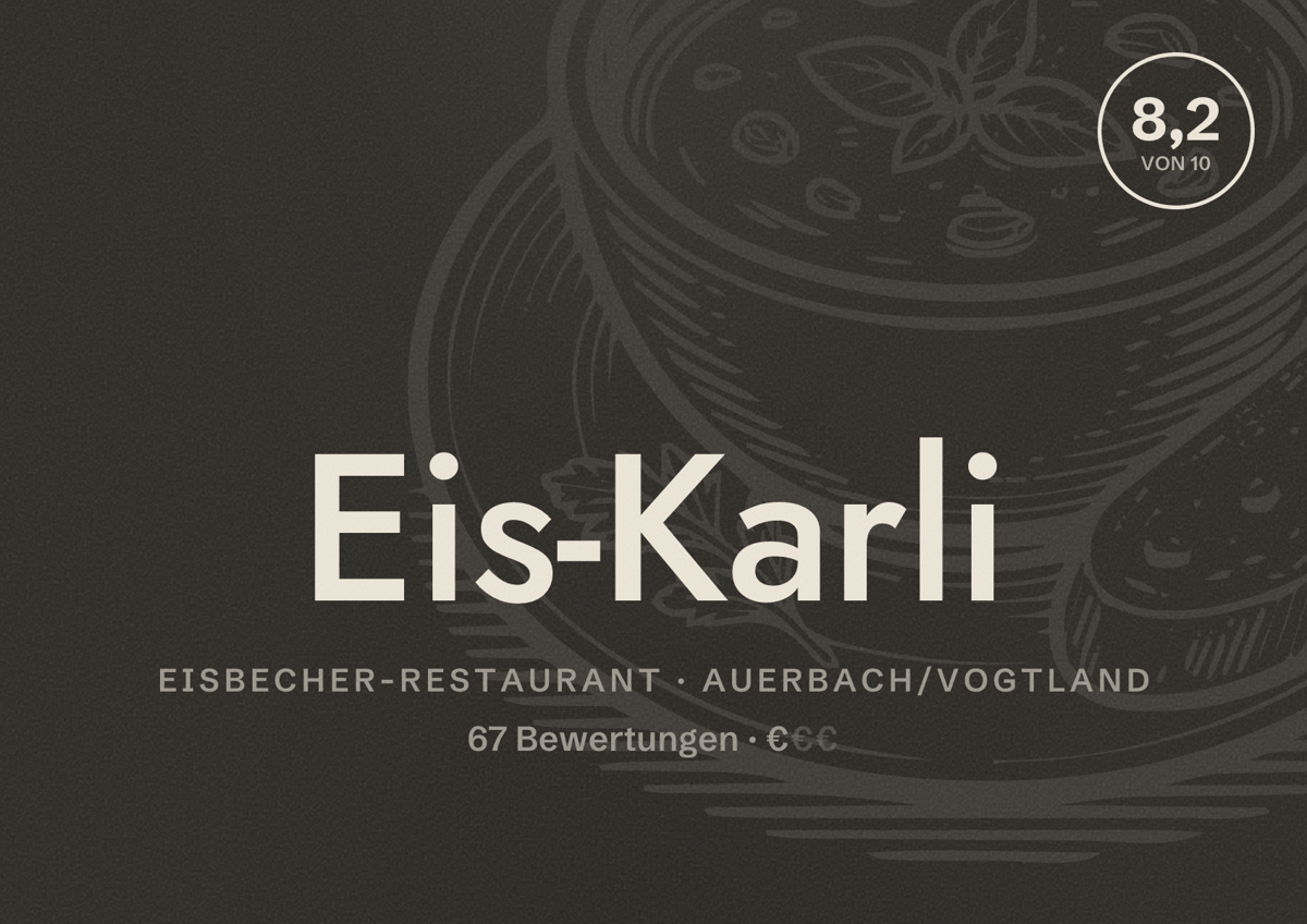 Illustriertes Poster von Eis-Karli, Eisbecher-Restaurant in Auerbach/Vogtland: Bewertung 8,2 von 10 aus 67 Bewertungen, Preisniveau €