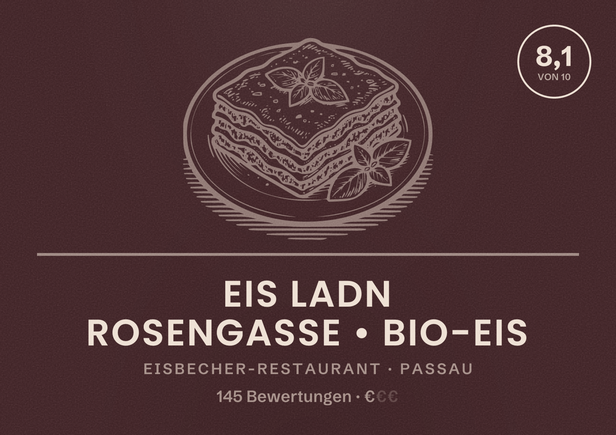 Illustriertes Poster von EIS LADN Rosengasse • Bio-Eis, Eisbecher-Restaurant in Passau: Bewertung 8,1 von 10 aus 145 Bewertungen, Preisniveau €