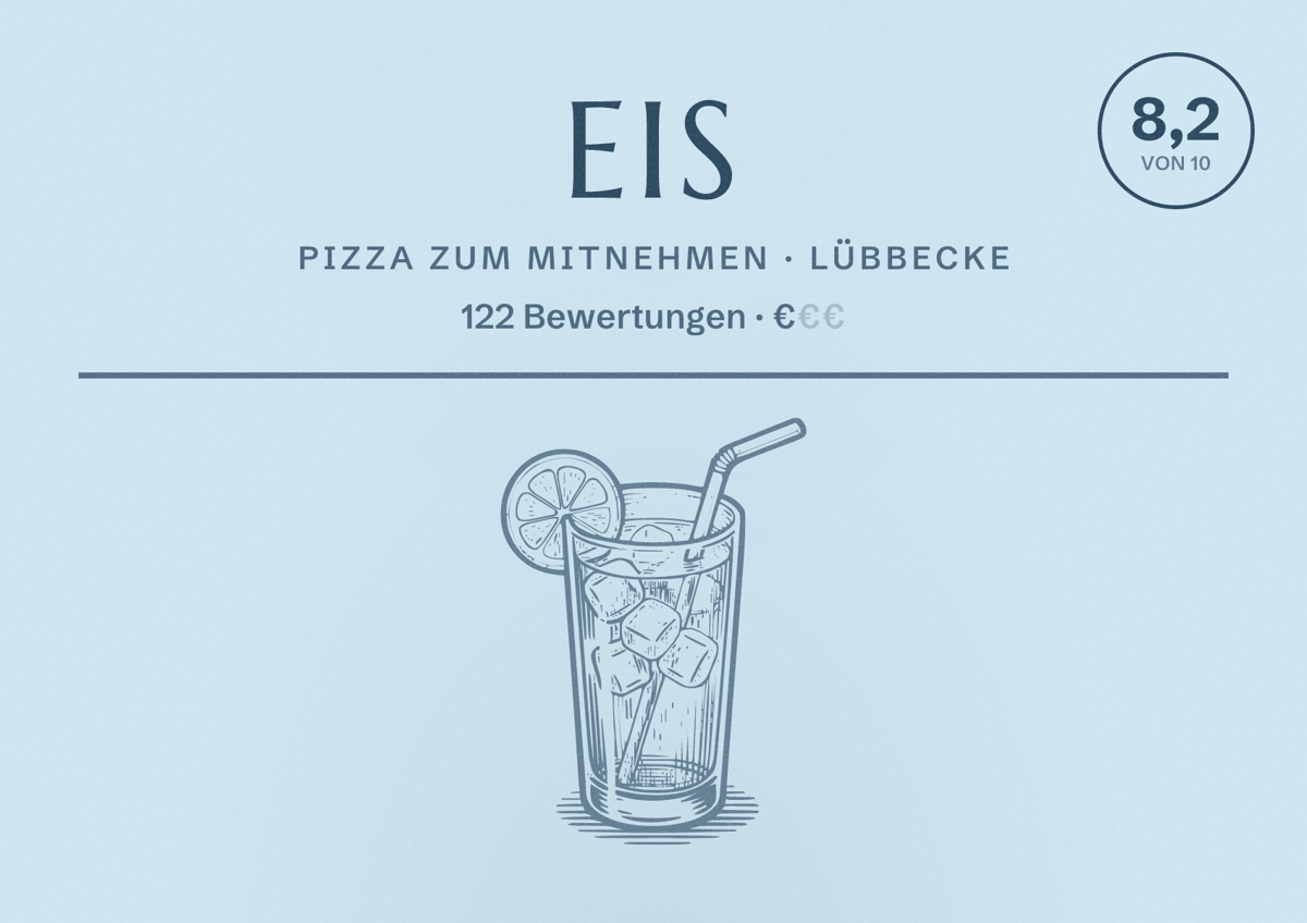 Illustriertes Poster von Eis, Pizza zum Mitnehmen in Lübbecke: Bewertung 8,2 von 10 aus 122 Bewertungen, Preisniveau €