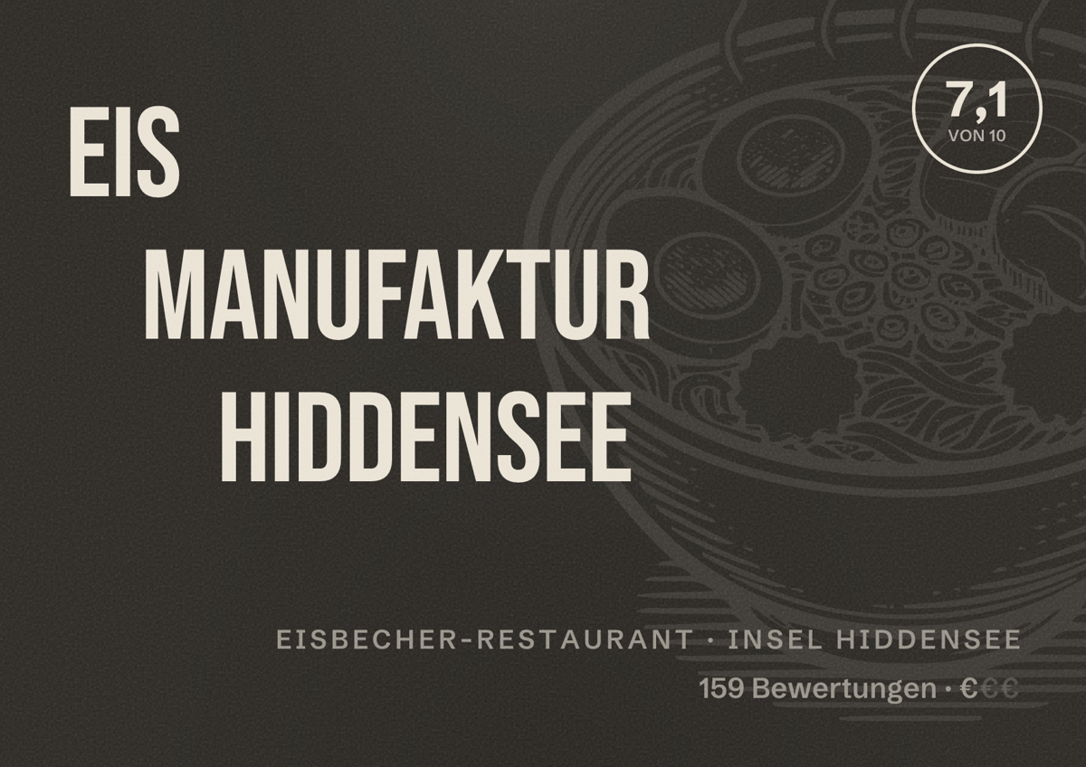 Illustriertes Poster von Eis Manufaktur Hiddensee, Eisbecher-Restaurant in Insel Hiddensee: Bewertung 7,1 von 10 aus 159 Bewertungen, Preisniveau €