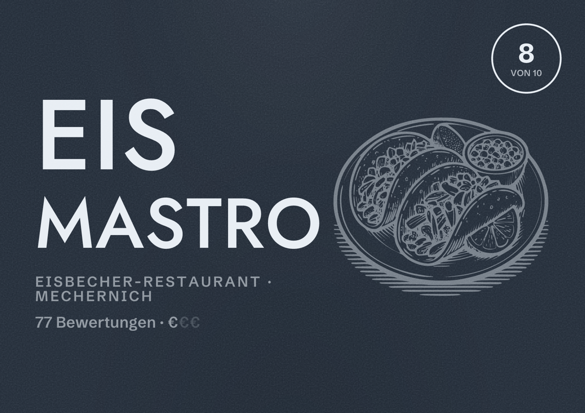 Illustriertes Poster von Eis Mastro, Eisbecher-Restaurant in Mechernich: Bewertung 8 von 10 aus 77 Bewertungen, Preisniveau €