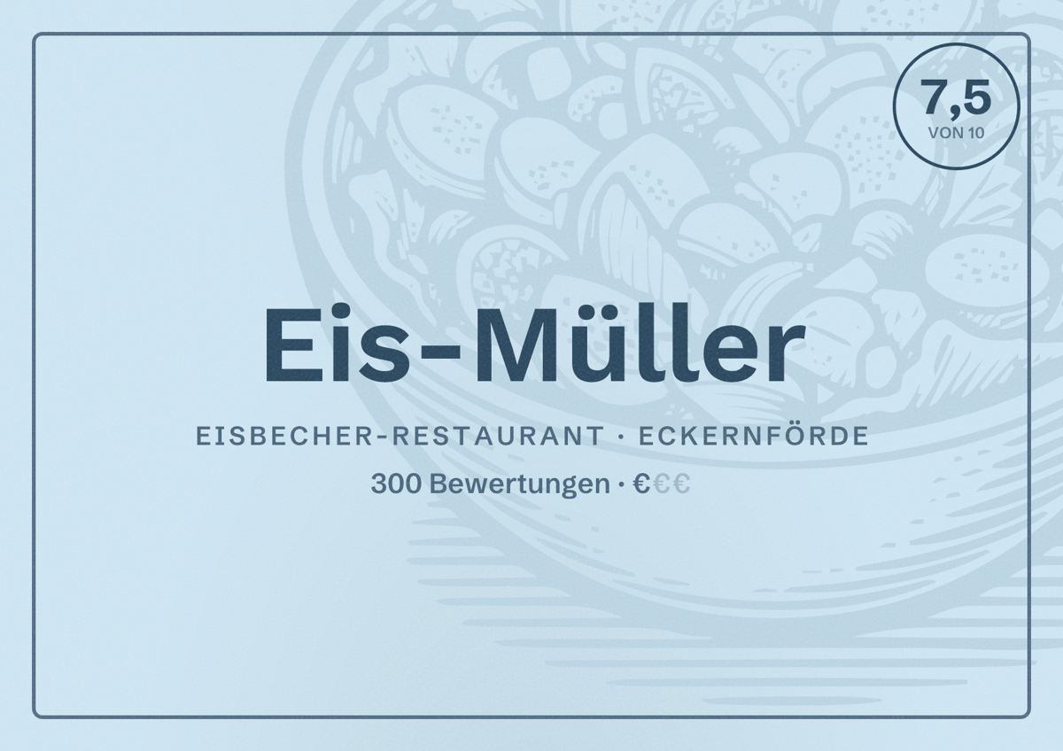 Illustriertes Poster von Eis-Müller, Eisbecher-Restaurant in Eckernförde: Bewertung 7,5 von 10 aus 300 Bewertungen, Preisniveau €