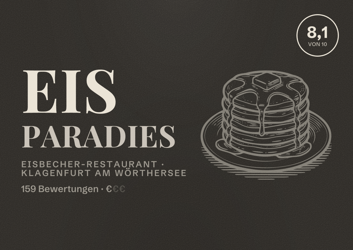 Illustriertes Poster von Eis Paradies, Eisbecher-Restaurant in Klagenfurt am Wörthersee: Bewertung 8,1 von 10 aus 159 Bewertungen, Preisniveau €