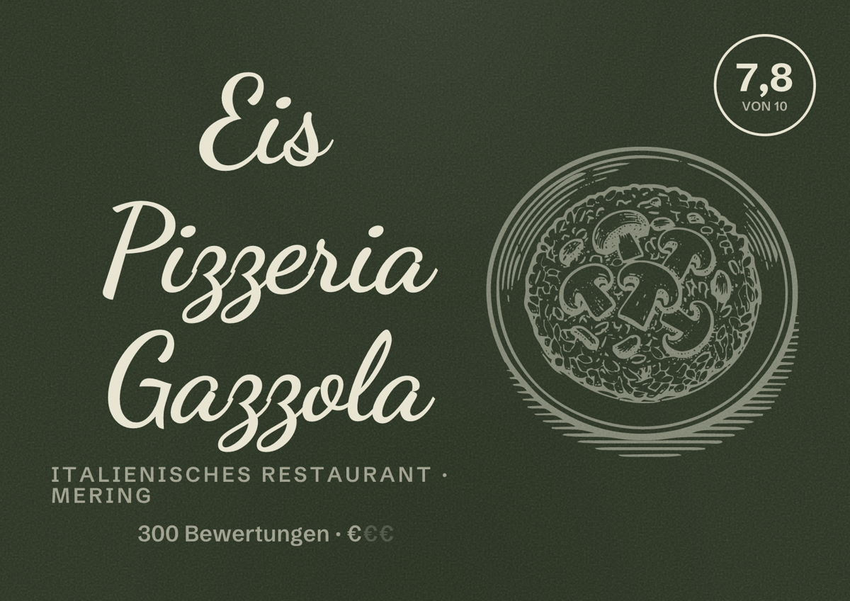 Illustriertes Poster von Eis Pizzeria Gazzola, Italienisches Restaurant in Mering: Bewertung 7,8 von 10 aus 300 Bewertungen, Preisniveau €