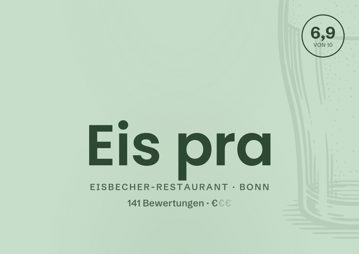 Illustriertes Poster von Eis pra, Eisbecher-Restaurant in Bonn: Bewertung 6,9 von 10 aus 141 Bewertungen, Preisniveau €