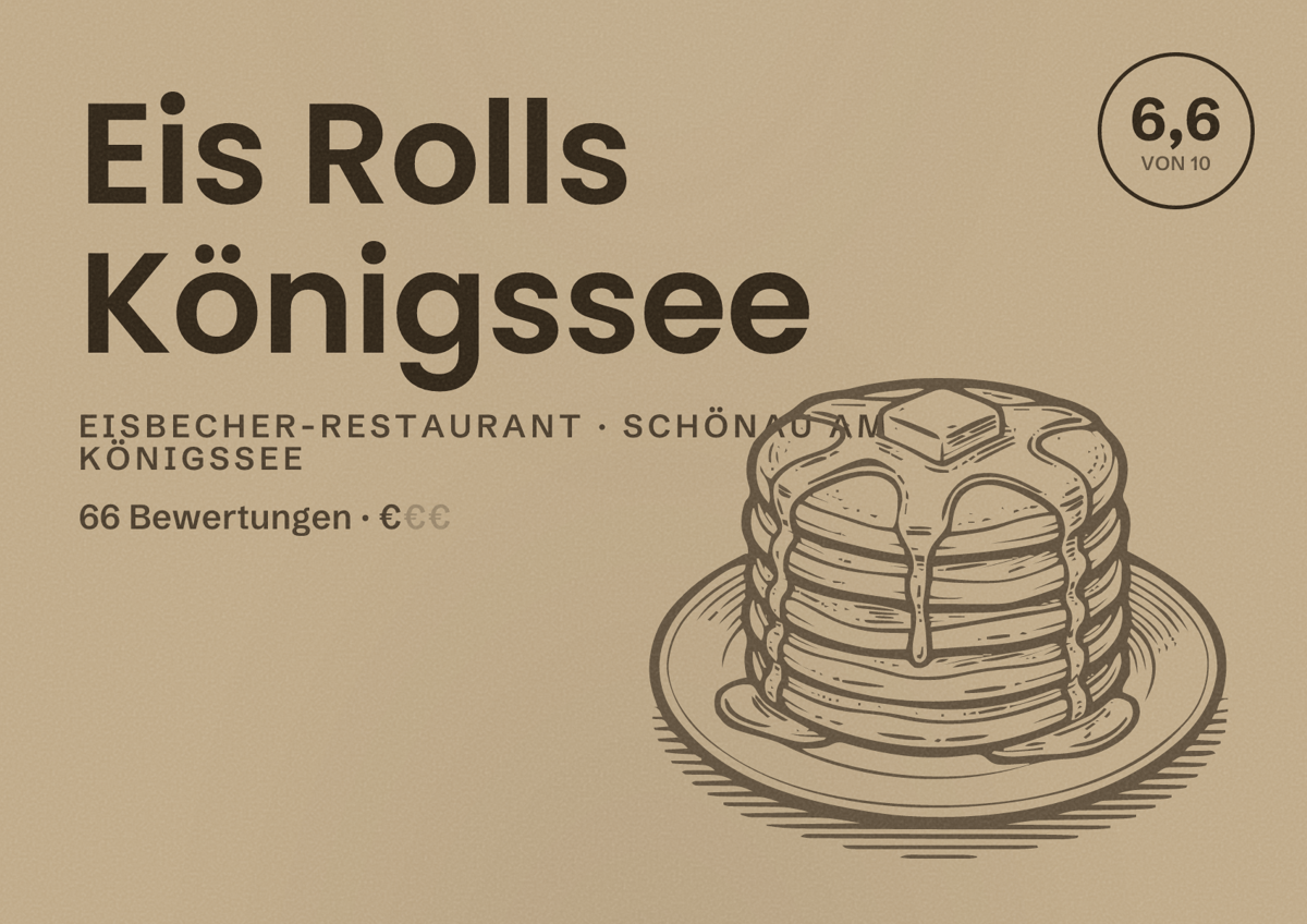 Illustriertes Poster von Eis Rolls Königssee, Eisbecher-Restaurant in Schönau am Königssee: Bewertung 6,6 von 10 aus 66 Bewertungen, Preisniveau €
