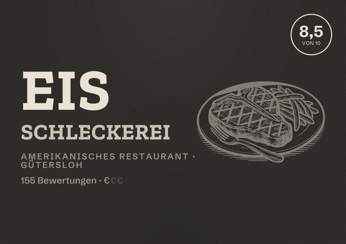 Illustriertes Poster von Eis Schleckerei, Amerikanisches Restaurant in Gütersloh: Bewertung 8,5 von 10 aus 155 Bewertungen, Preisniveau €