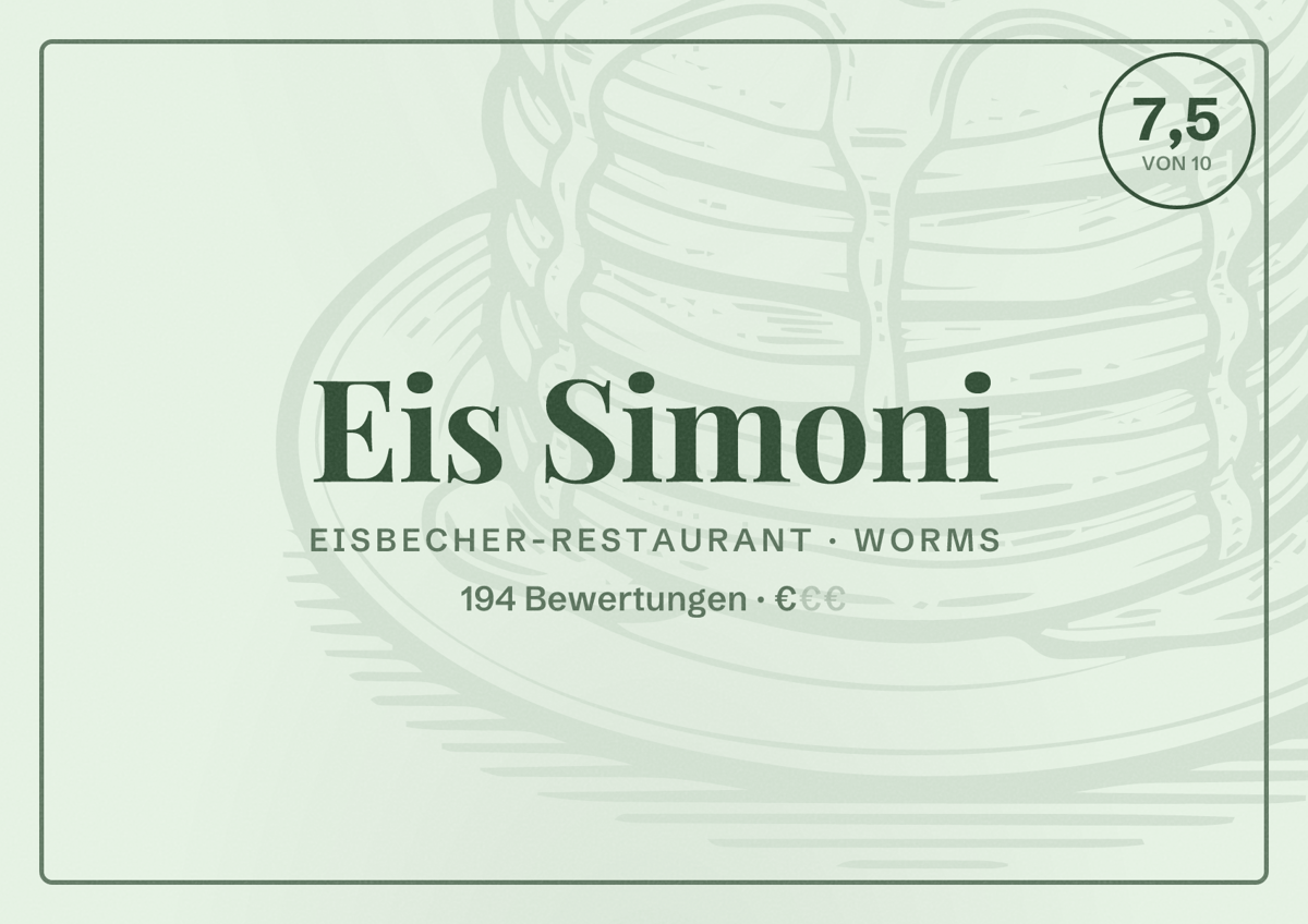 Illustriertes Poster von Eis Simoni, Eisbecher-Restaurant in Worms: Bewertung 7,5 von 10 aus 194 Bewertungen, Preisniveau €