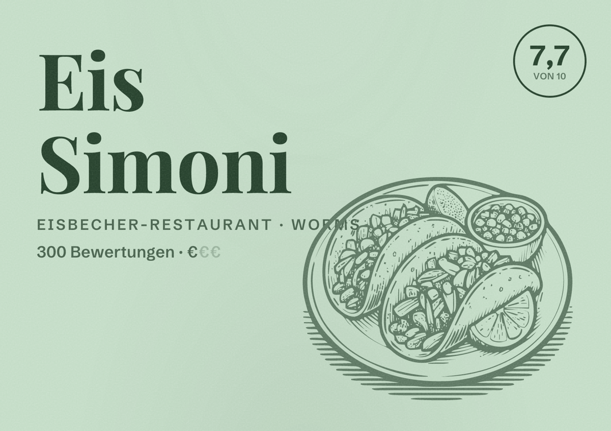 Illustriertes Poster von Eis Simoni, Eisbecher-Restaurant in Worms: Bewertung 7,7 von 10 aus 300 Bewertungen, Preisniveau €