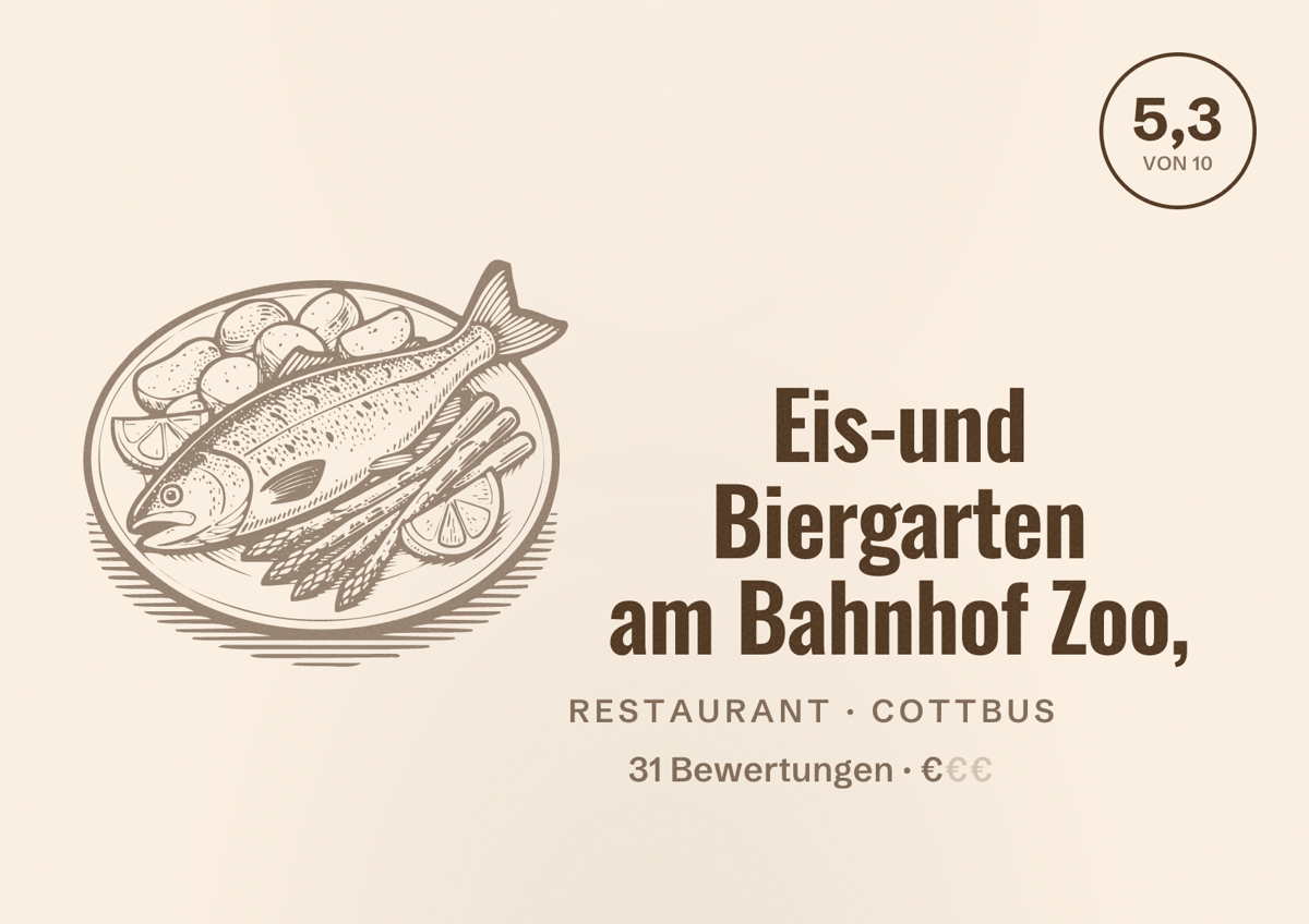 Illustriertes Poster von Eis-und Biergarten am Bahnhof Zoo,, Restaurant in Cottbus: Bewertung 5,3 von 10 aus 31 Bewertungen, Preisniveau €
