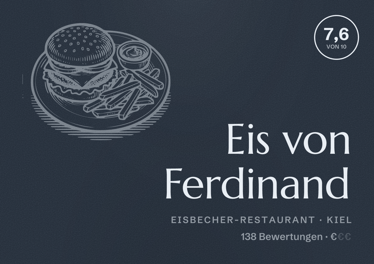 Illustriertes Poster von Eis von Ferdinand, Eisbecher-Restaurant in Kiel: Bewertung 7,6 von 10 aus 138 Bewertungen, Preisniveau €