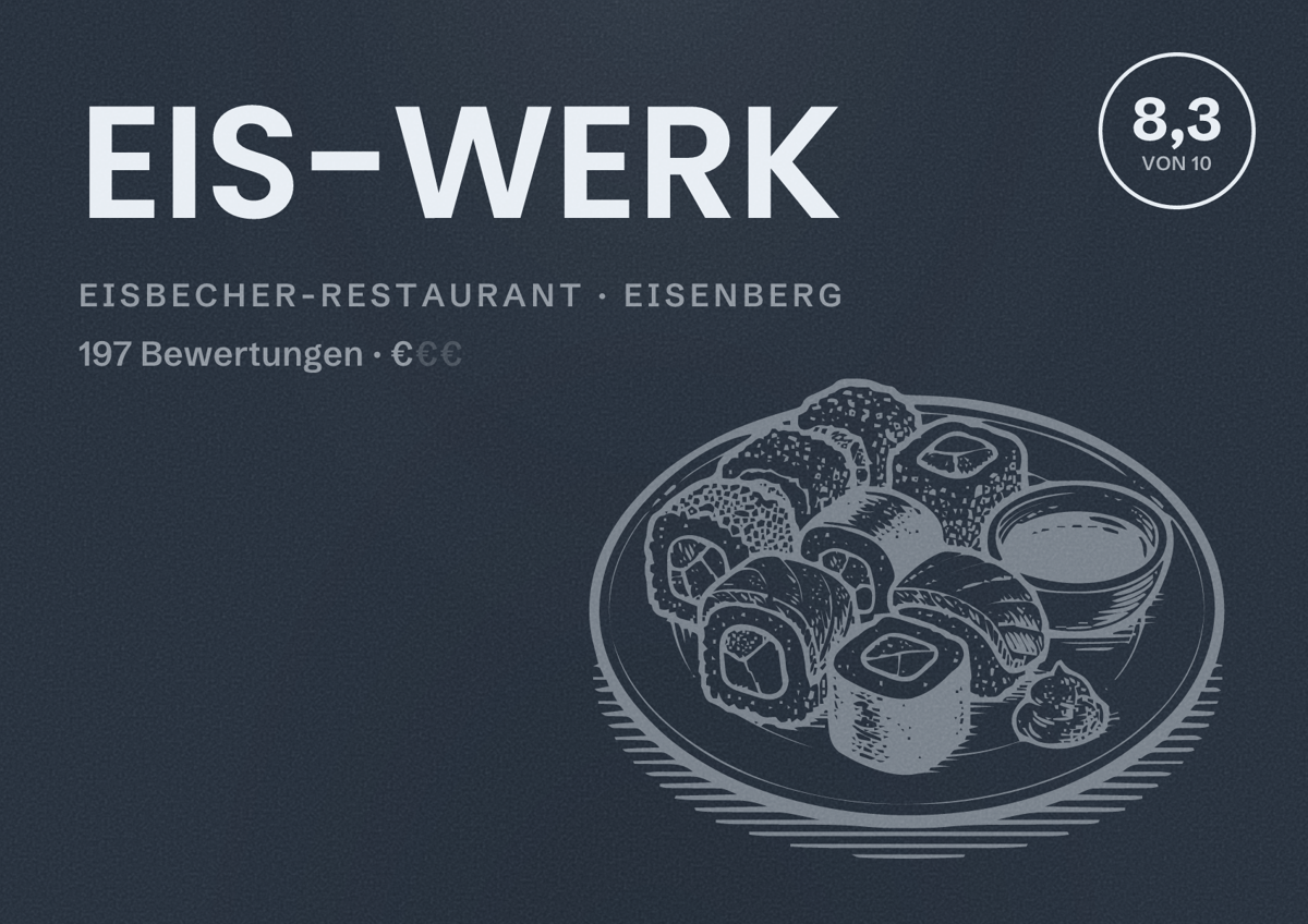 Illustriertes Poster von EIS-WERK, Eisbecher-Restaurant in Eisenberg: Bewertung 8,3 von 10 aus 197 Bewertungen, Preisniveau €