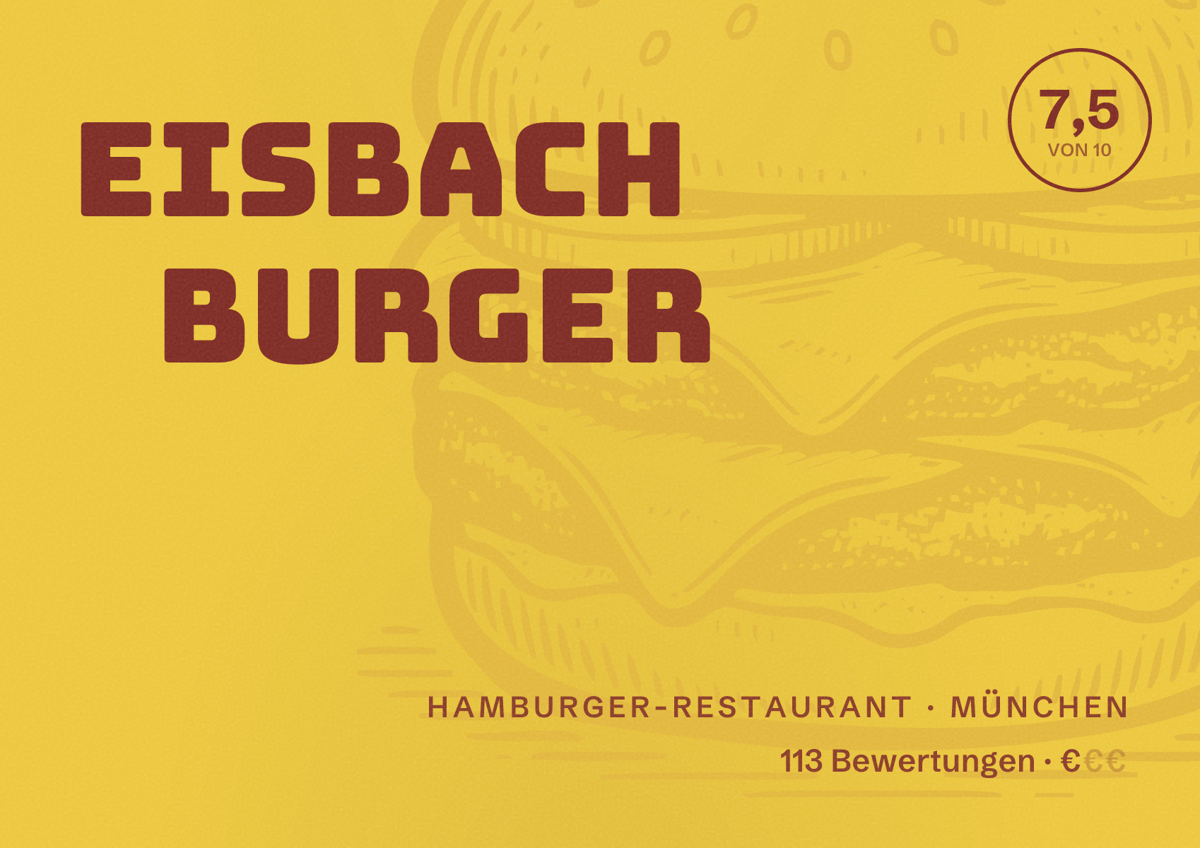 Illustriertes Poster von Eisbach Burger, Hamburger-Restaurant in München: Bewertung 7,5 von 10 aus 113 Bewertungen, Preisniveau €