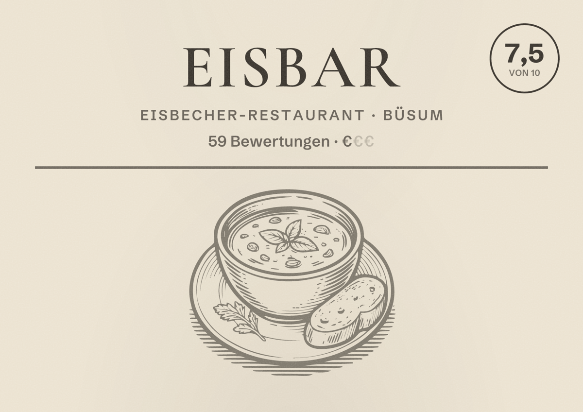 Illustriertes Poster von EISBAR, Eisbecher-Restaurant in Büsum: Bewertung 7,5 von 10 aus 59 Bewertungen, Preisniveau €
