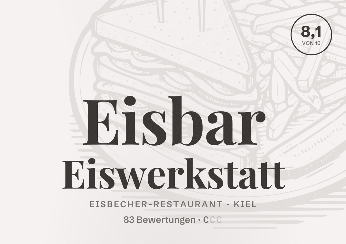 Illustriertes Poster von Eisbar Eiswerkstatt, Eisbecher-Restaurant in Kiel: Bewertung 8,1 von 10 aus 83 Bewertungen, Preisniveau €