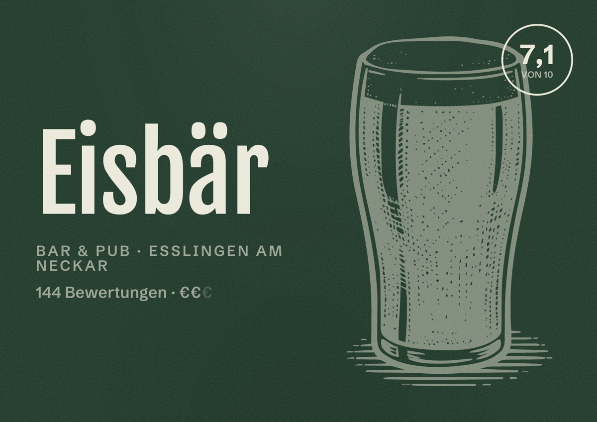 Illustriertes Poster von Eisbär, Bar & Pub in Esslingen am Neckar: Gästebewertung 7,1 von 10 aus 144 Bewertungen