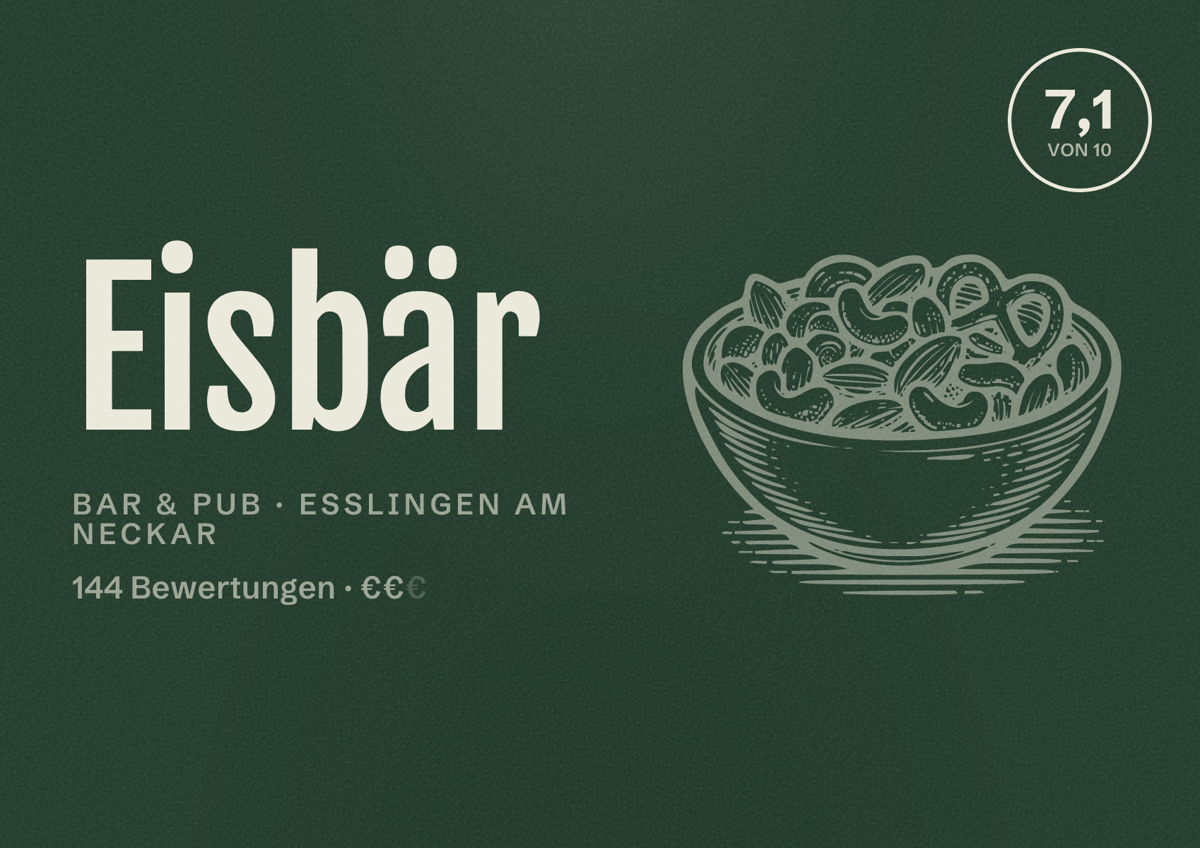 Illustriertes Poster von Eisbär, Bar & Pub in Esslingen am Neckar: Bewertung 7,1 von 10 aus 144 Bewertungen, Preisniveau €€