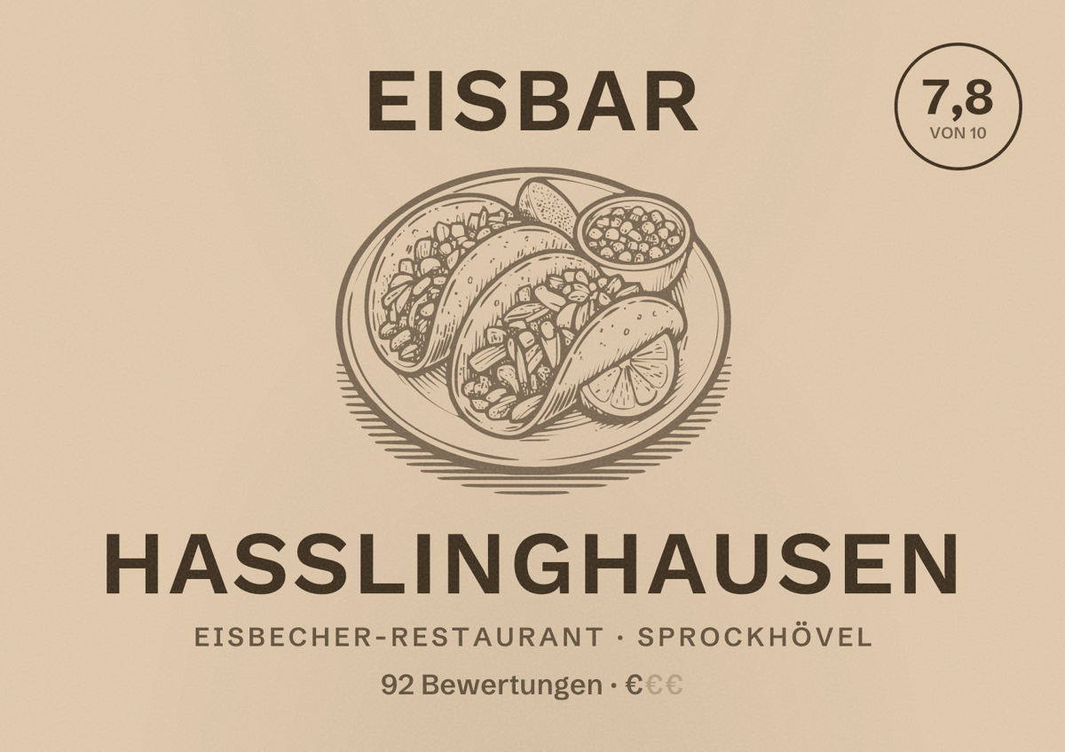 Illustriertes Poster von Eisbar Hasslinghausen, Eisbecher-Restaurant in Sprockhövel: Bewertung 7,8 von 10 aus 92 Bewertungen, Preisniveau €