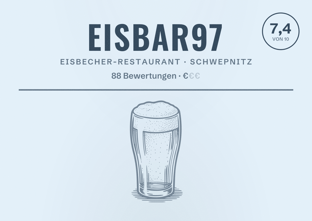 Illustriertes Poster von EisBar97, Eisbecher-Restaurant in Schwepnitz: Bewertung 7,4 von 10 aus 88 Bewertungen, Preisniveau €