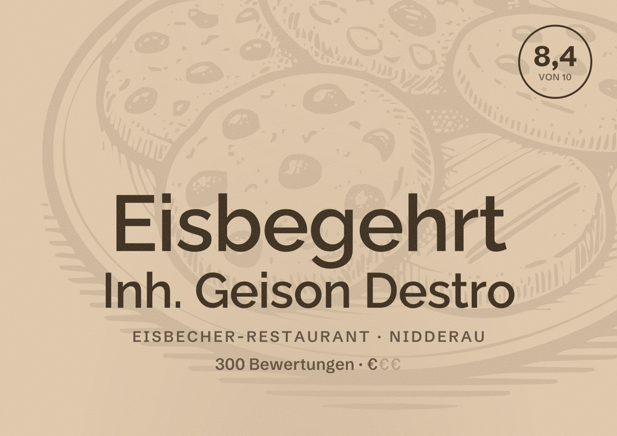 Illustriertes Poster von Eisbegehrt Inh. Geison Destro, Eisbecher-Restaurant in Nidderau: Bewertung 8,4 von 10 aus 300 Bewertungen, Preisniveau €