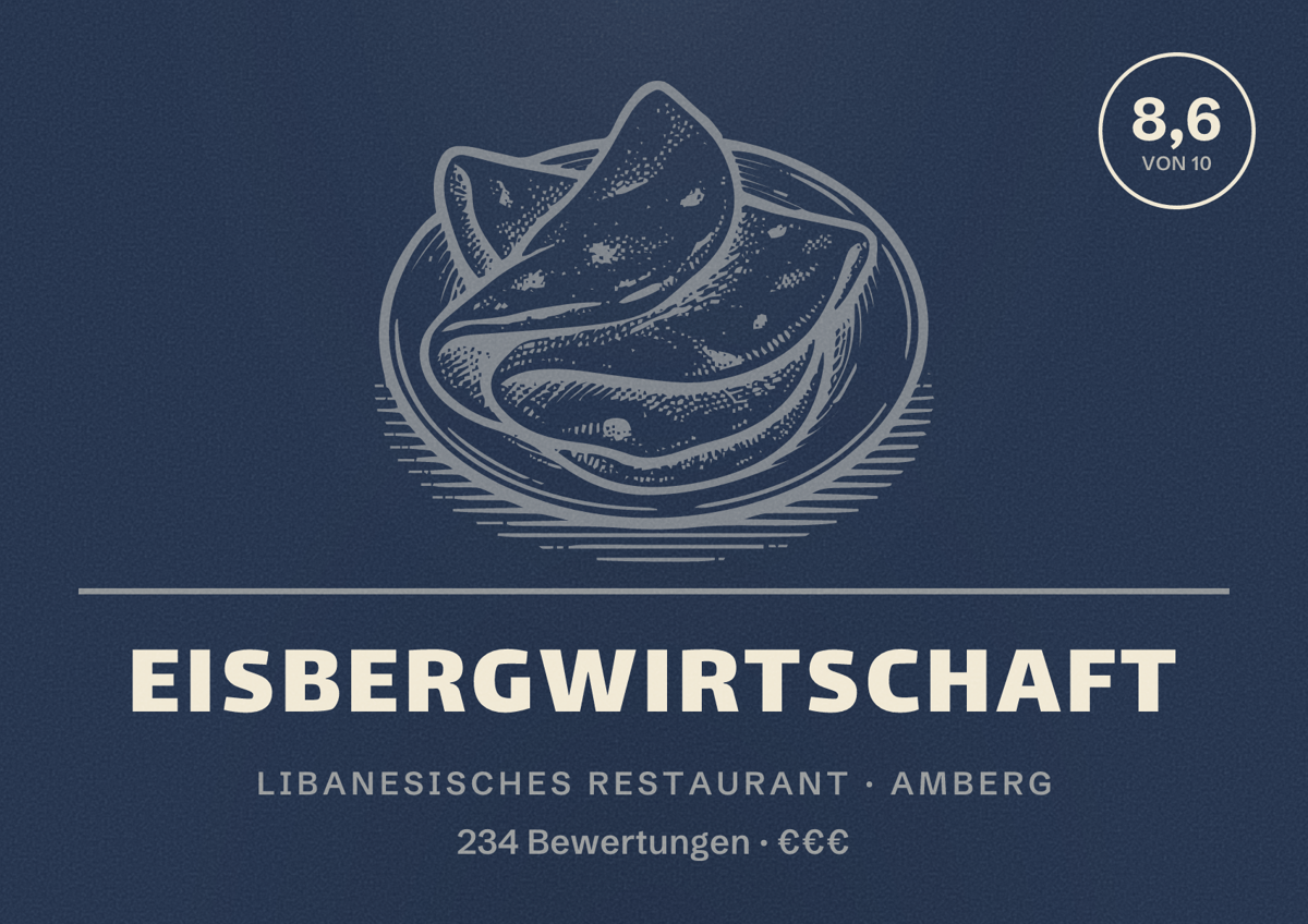Illustriertes Poster von Eisbergwirtschaft, Libanesisches Restaurant in Amberg: Bewertung 8,6 von 10 aus 234 Bewertungen, Preisniveau €€€