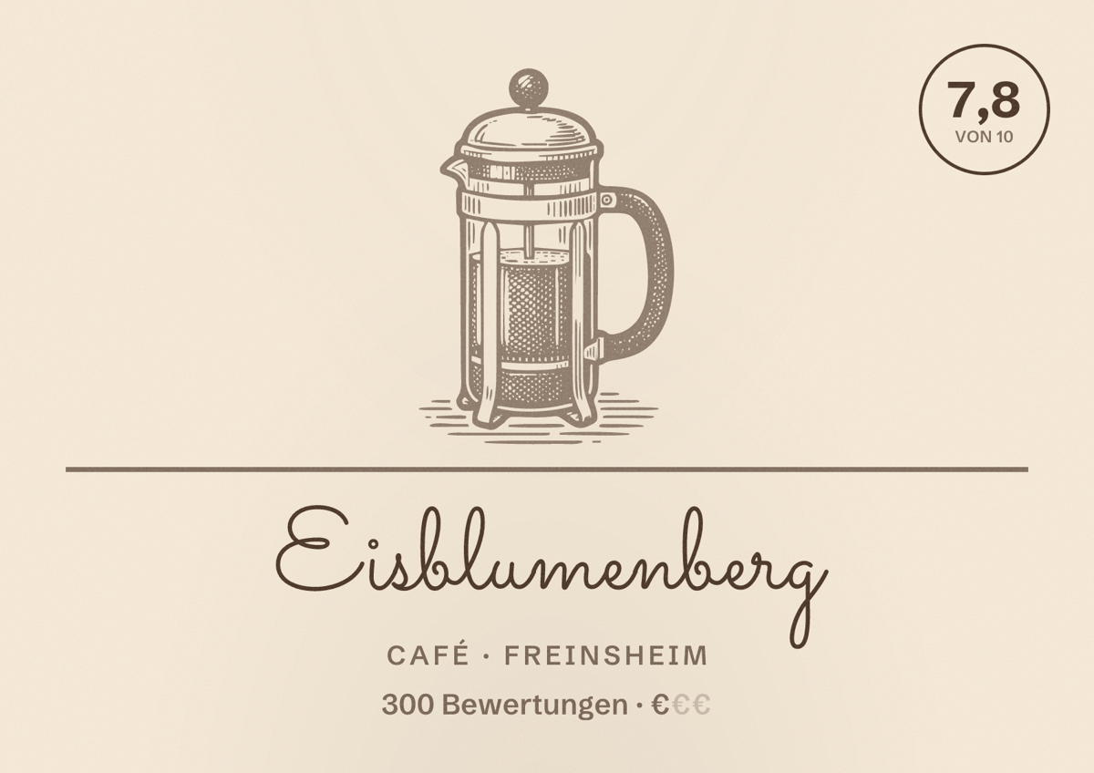Illustriertes Poster von Eisblumenberg, Café in Freinsheim: Bewertung 7,8 von 10 aus 300 Bewertungen, Preisniveau €