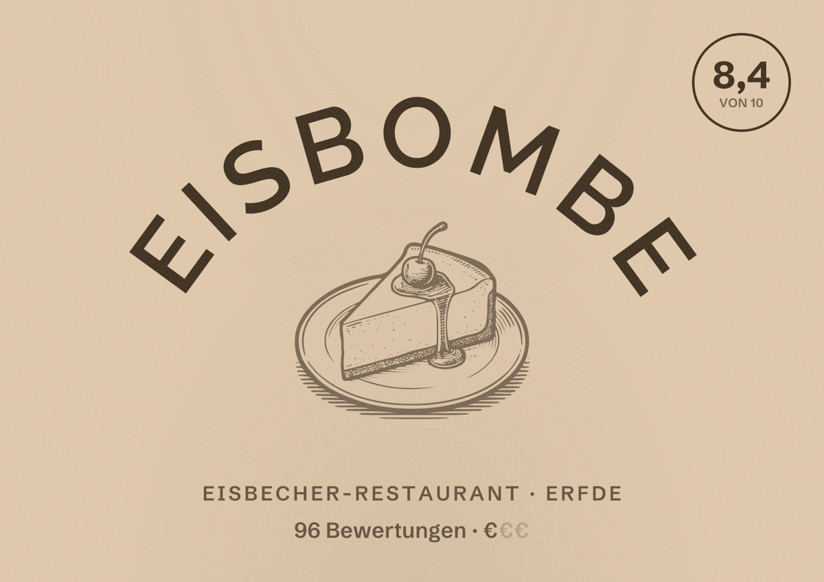 Illustriertes Poster von Eisbombe, Eisbecher-Restaurant in Erfde: Bewertung 8,4 von 10 aus 96 Bewertungen, Preisniveau €