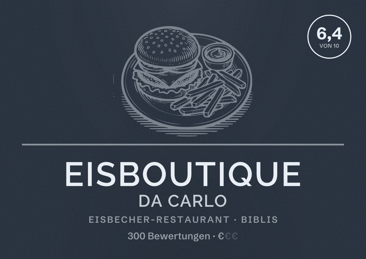 Illustriertes Poster von Eisboutique Da Carlo, Eisbecher-Restaurant in Biblis: Bewertung 6,4 von 10 aus 300 Bewertungen, Preisniveau €